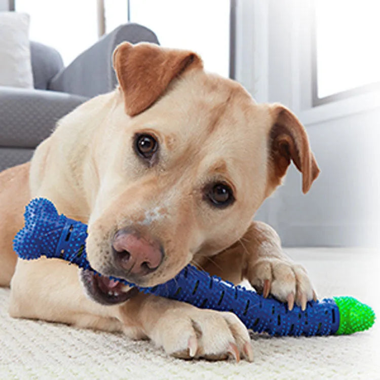 Blue silicone dog teeth cleaning stick with serrated brush head and gum massage nodules