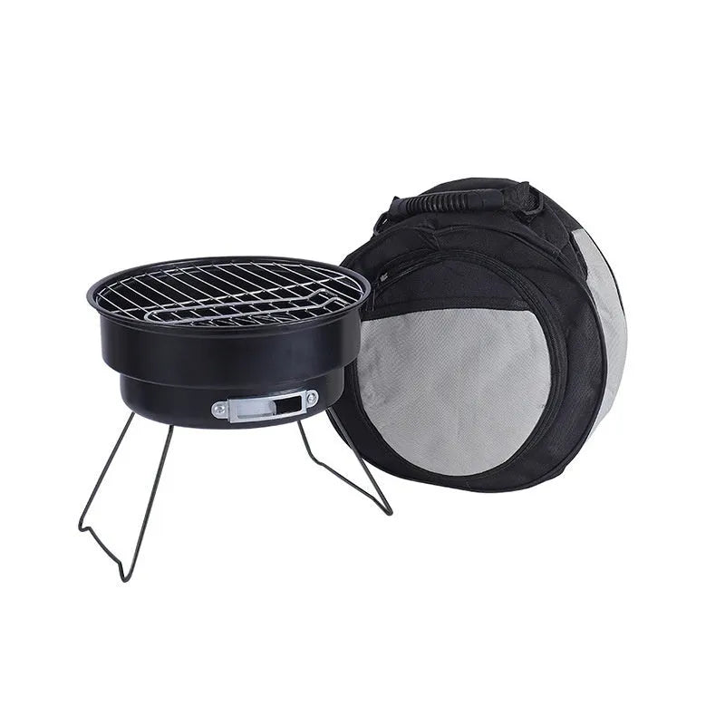 Small folding round ice stove with mesh, legs, grill, and clip for camping