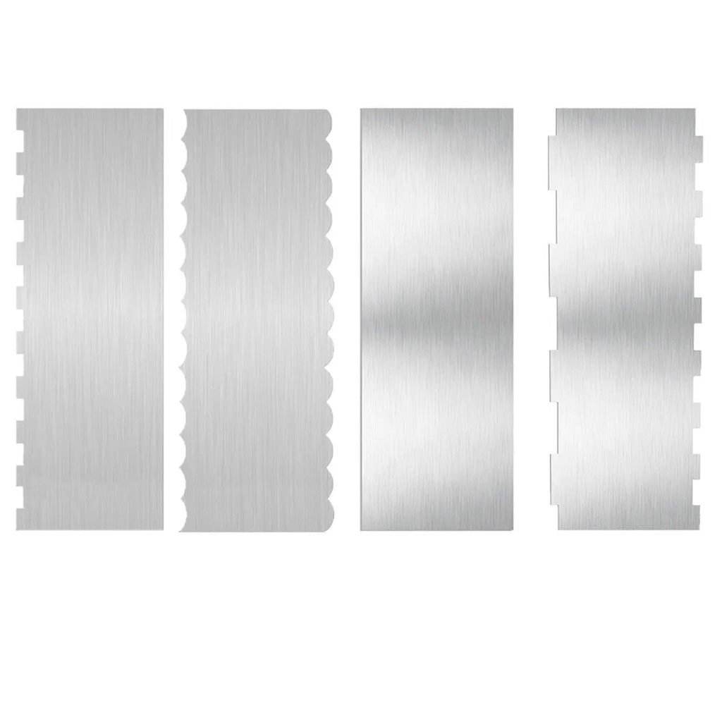 Stainless steel cake scraper with a polygon-patterned edge for decorating, shown with style options 1-6.