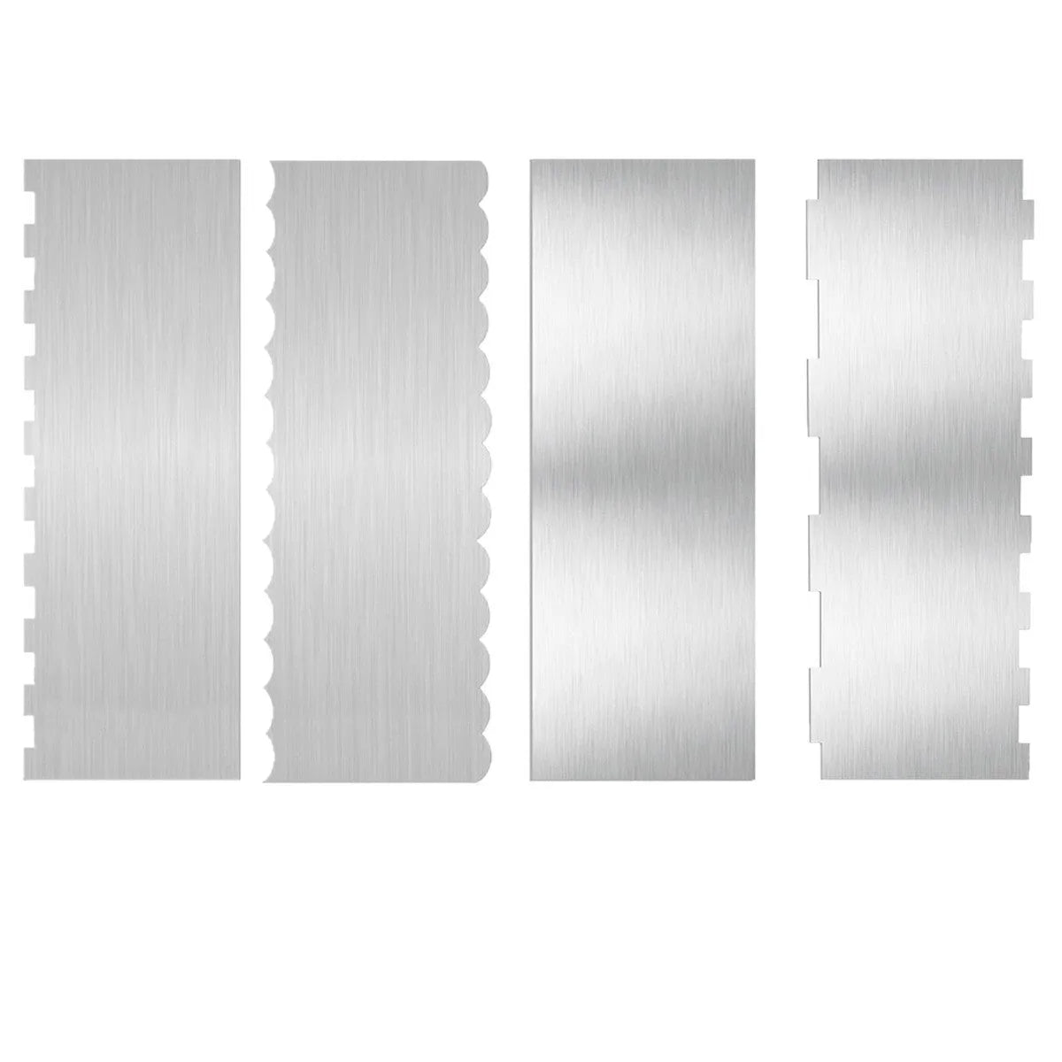 Stainless steel cake scraper with a polygon-patterned edge for decorating, shown with style options 1-6.