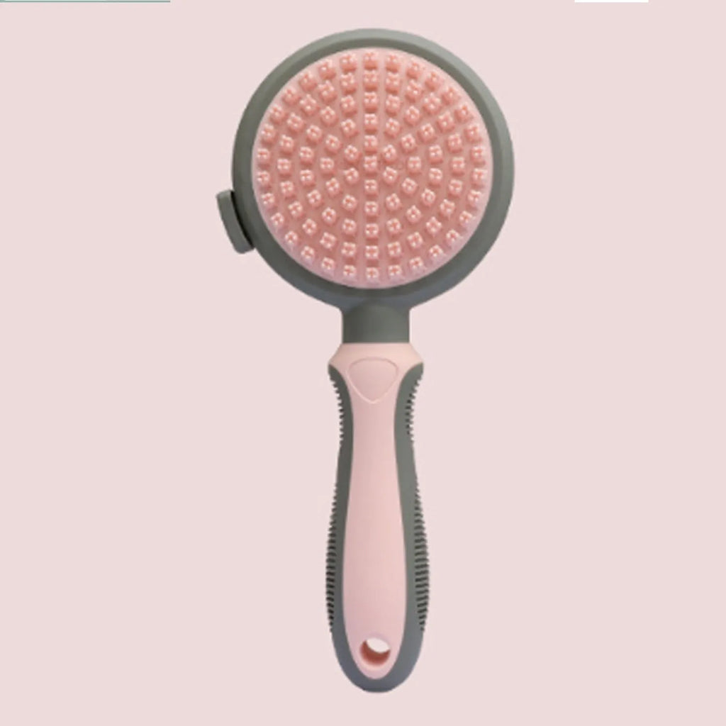 Double-sided cat brush with release button and flea comb in green or pink colours
