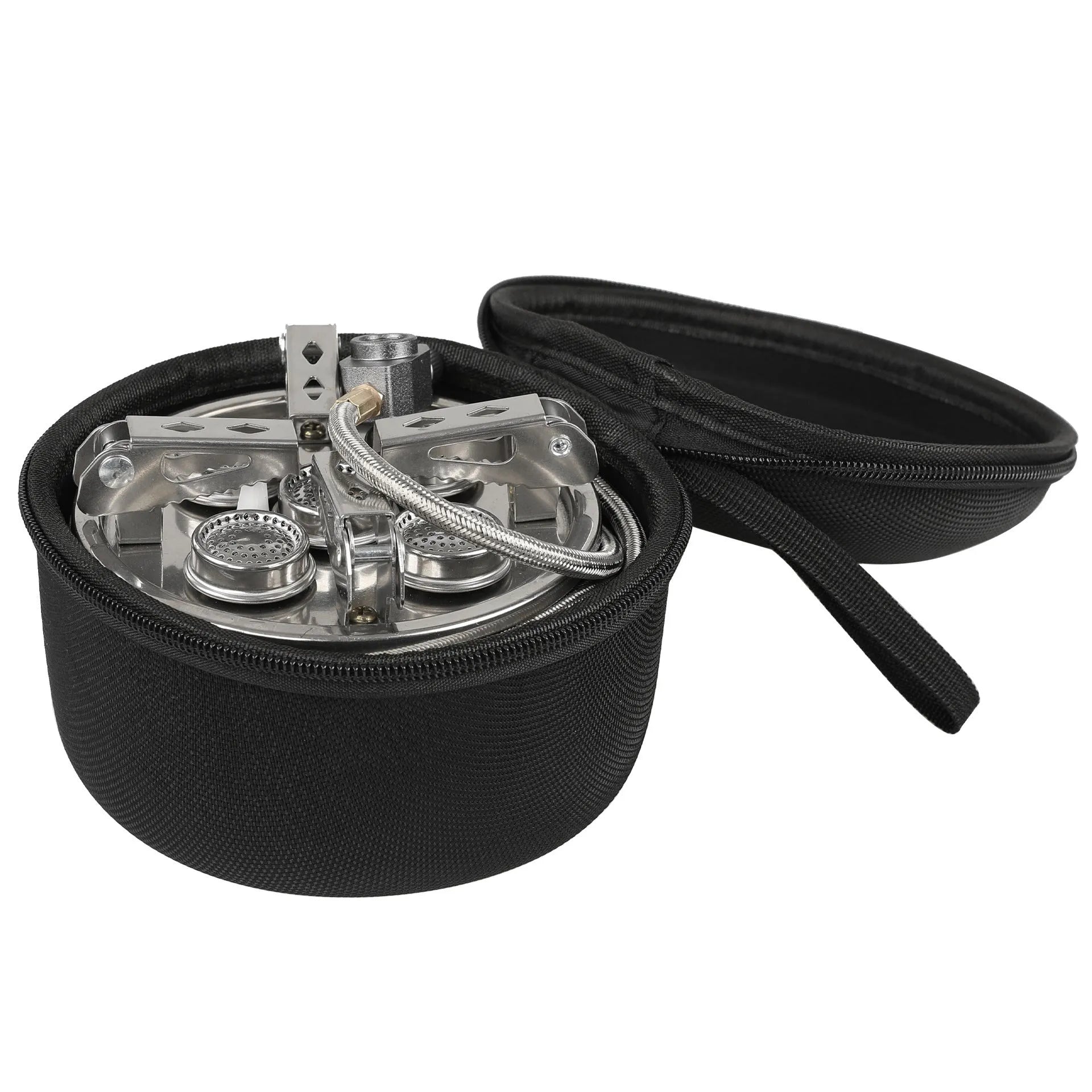 Silver portable stainless steel split camping stove with a long hose, shown folded.