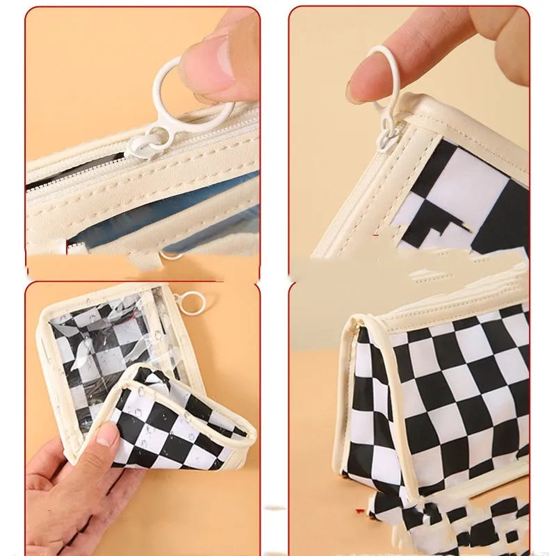 Transparent PVC pencil case with chessboard pattern measuring 21.5 cm long
