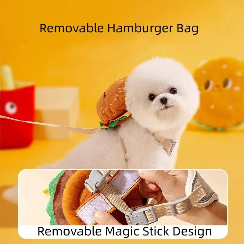 Cartoon hamburger chips design adjustable escape-proof vest leash rope for a dog.
