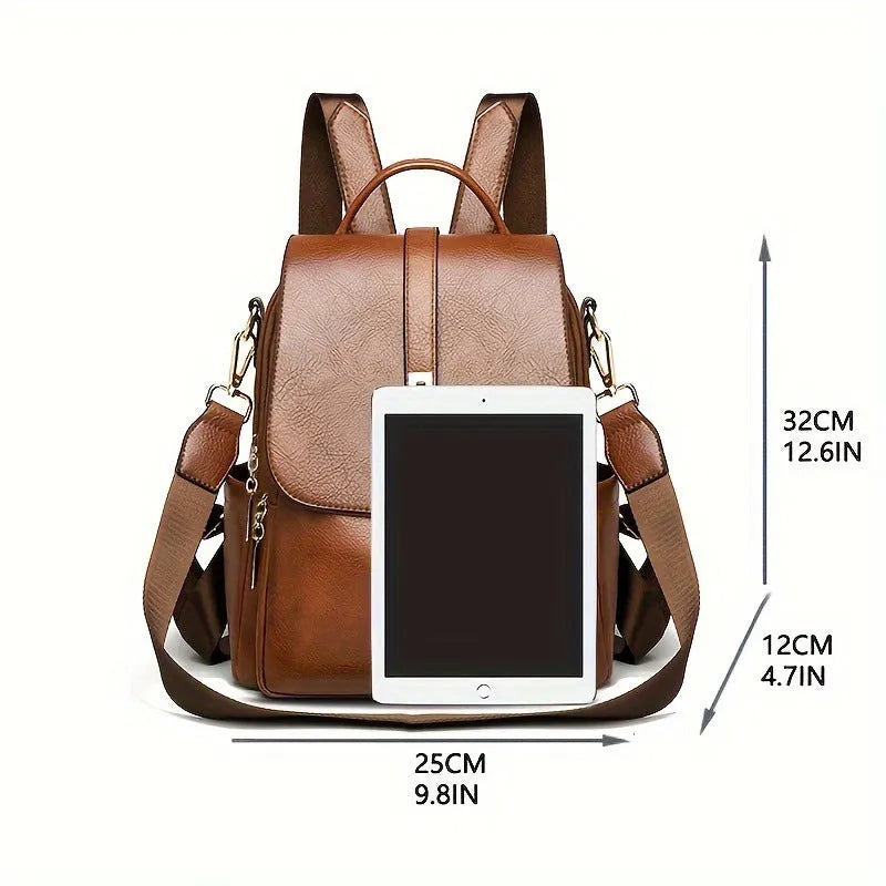 Simple ladies backpack in black with PU material and multiple pockets for commuting