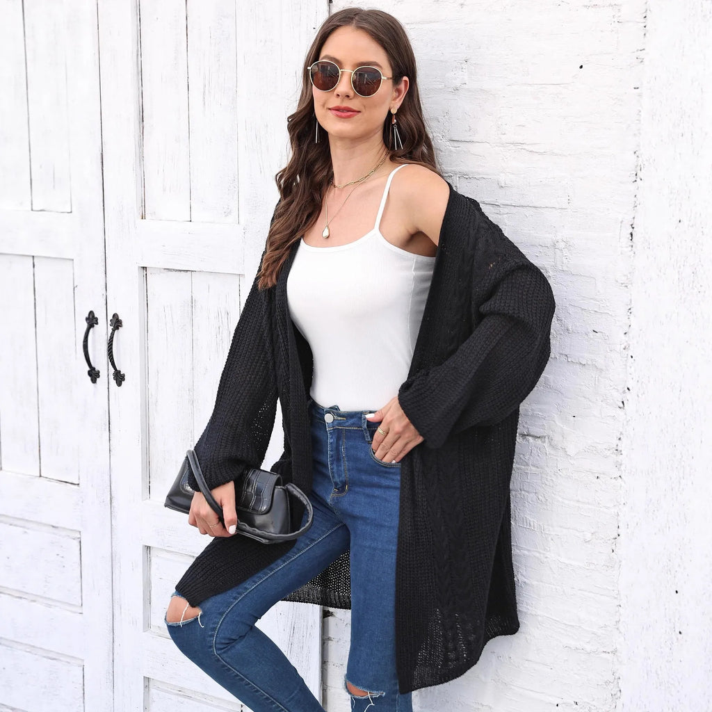 Women's loose fit acrylic sweater coat cardigan in a solid colour, shown in free size.