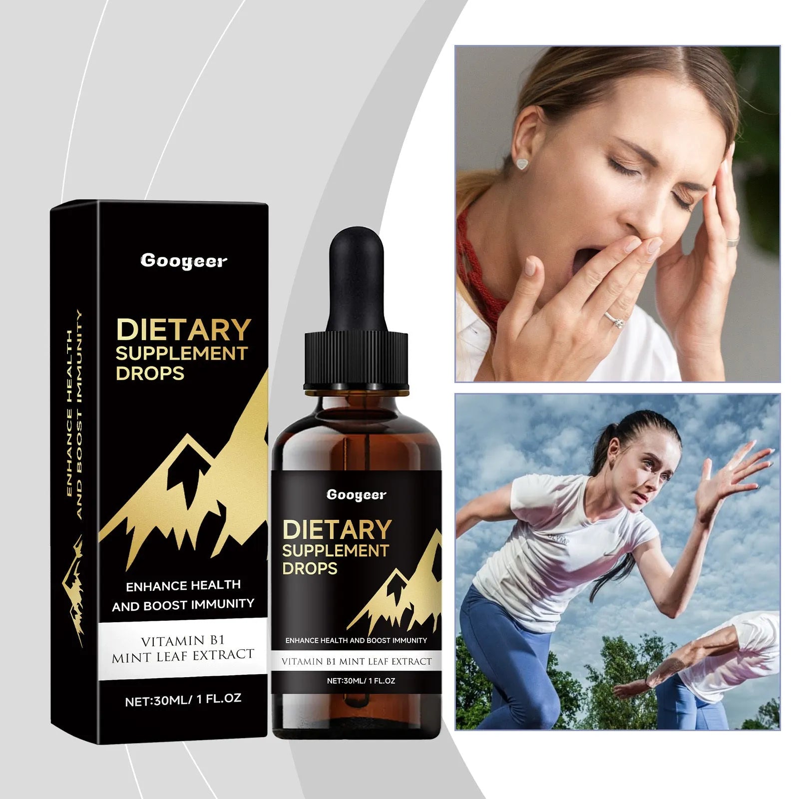 30ml clear bottle of liquid dietary supplement drops with a black dropper cap.