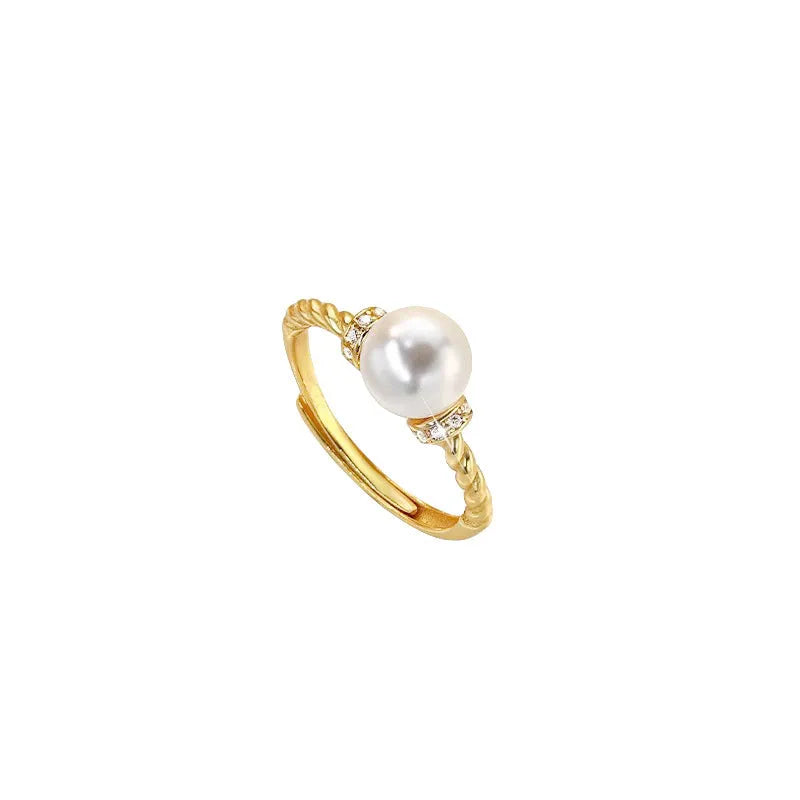 Adjustable copper pearl ring with geometric design in gold or silver antique twist style