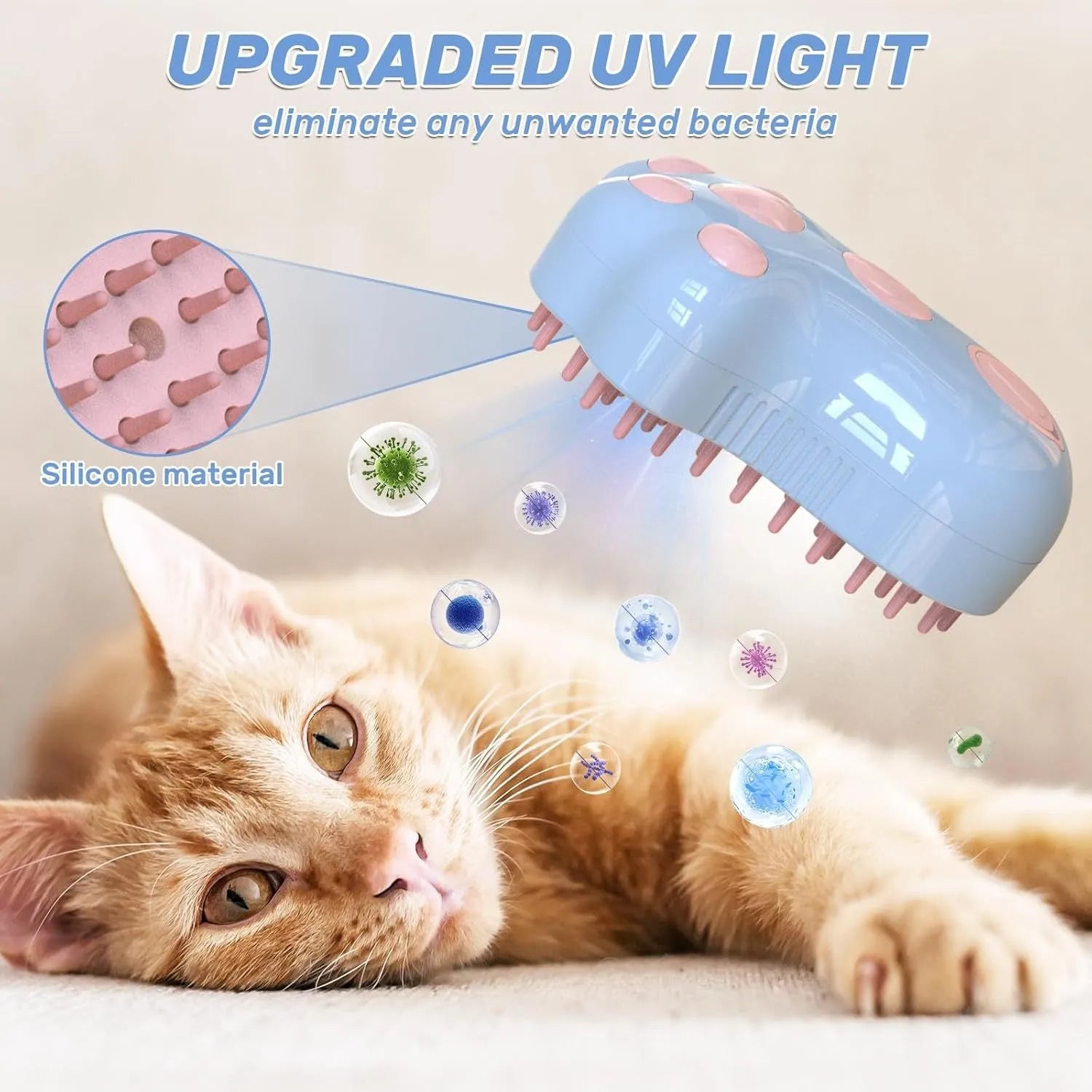 Blue rechargeable self-cleaning cat steam brush with silicone bristles and mist spray bottle