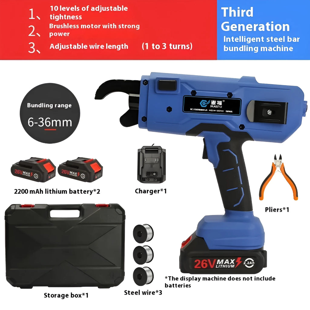 Fully automatic electric steel bar tying machine with battery and charger on a construction site.