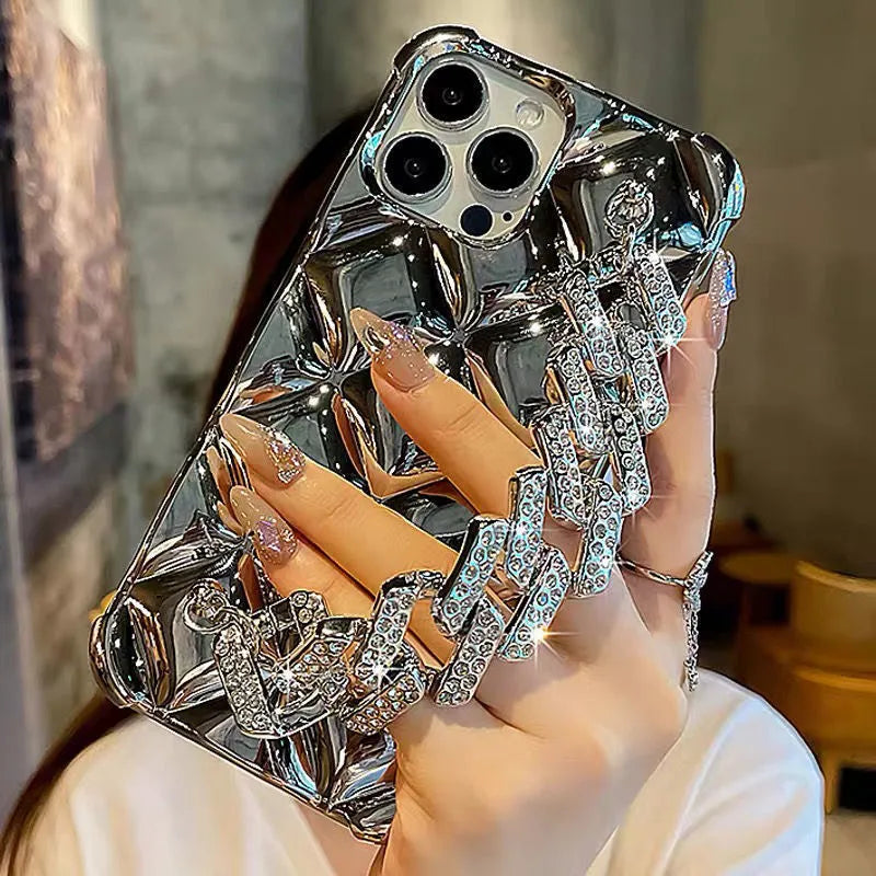 Luxury diamond bracelet phone case for iPhone with detachable chain and plated rhombus design