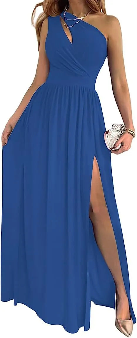 Women's one shoulder cocktail maxi dress with high thigh split and cutout sleeve detail in soft fabric