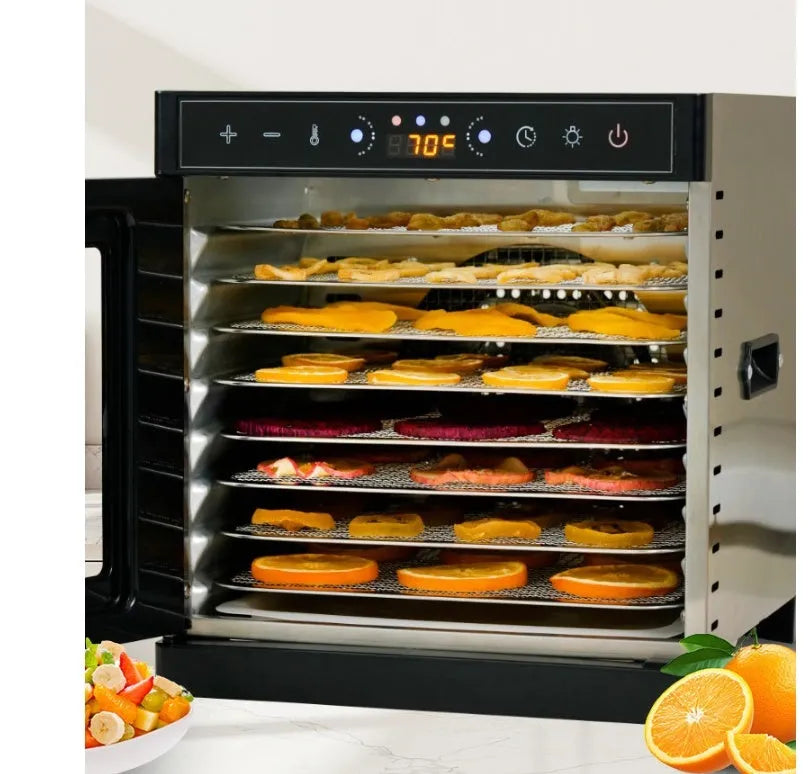 Stainless steel food dehydrator with digital LED panel and multiple stacking trays.