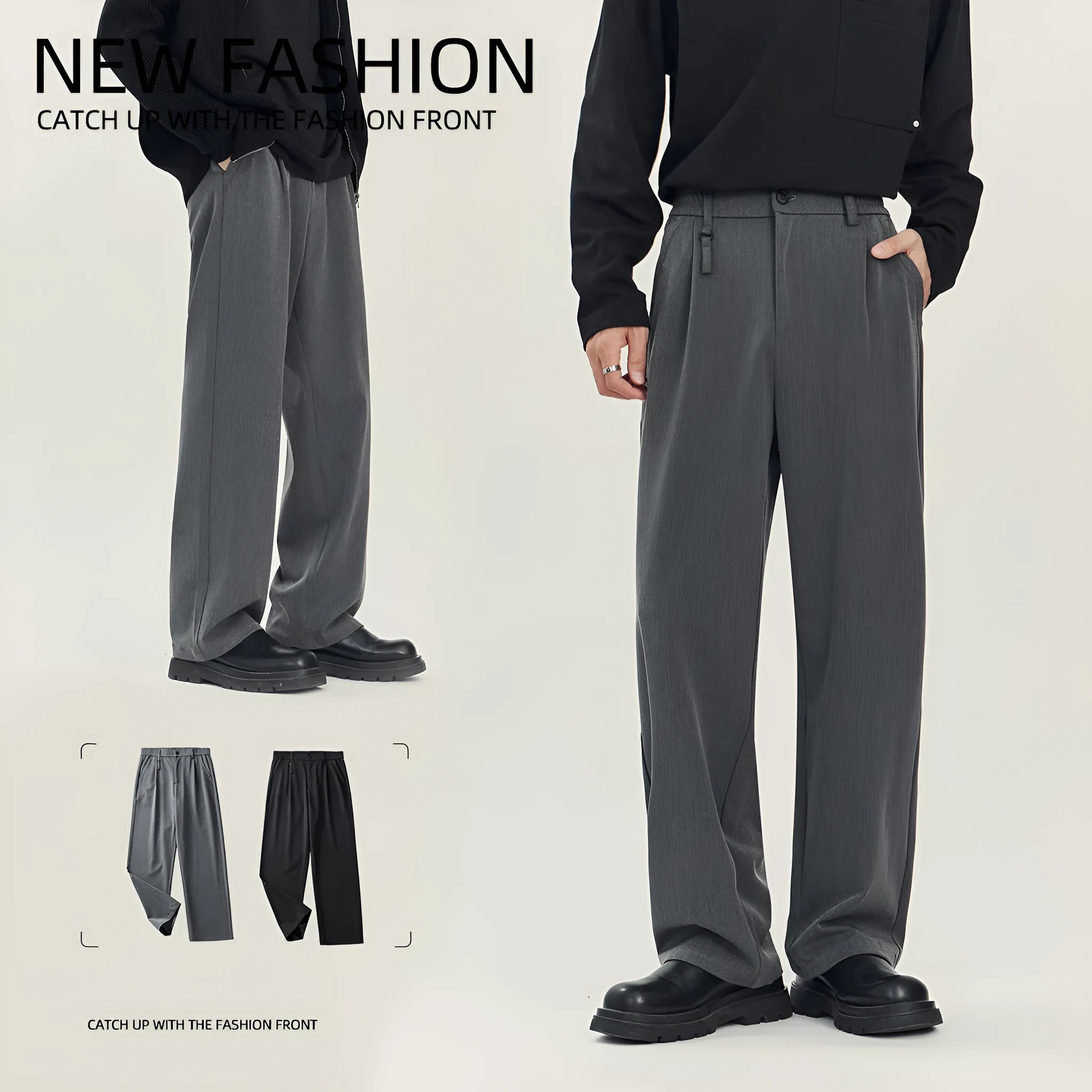 Women's business casual draping trousers, loose straight leg, black polyester blend