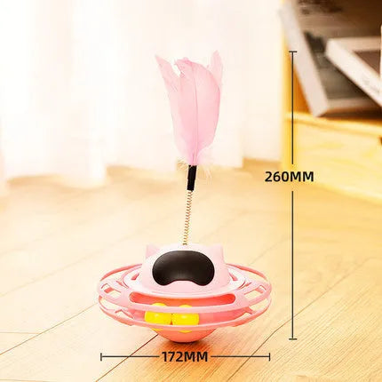Pink cat tumbler turntable toy with moving stick measuring 17x10cm for interactive feline play