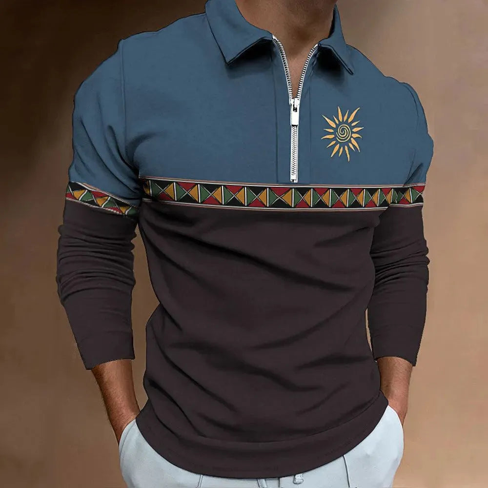 Men's retro colour stripe print golf top with zipper decorations, loose fit long sleeve polyester T-shirt