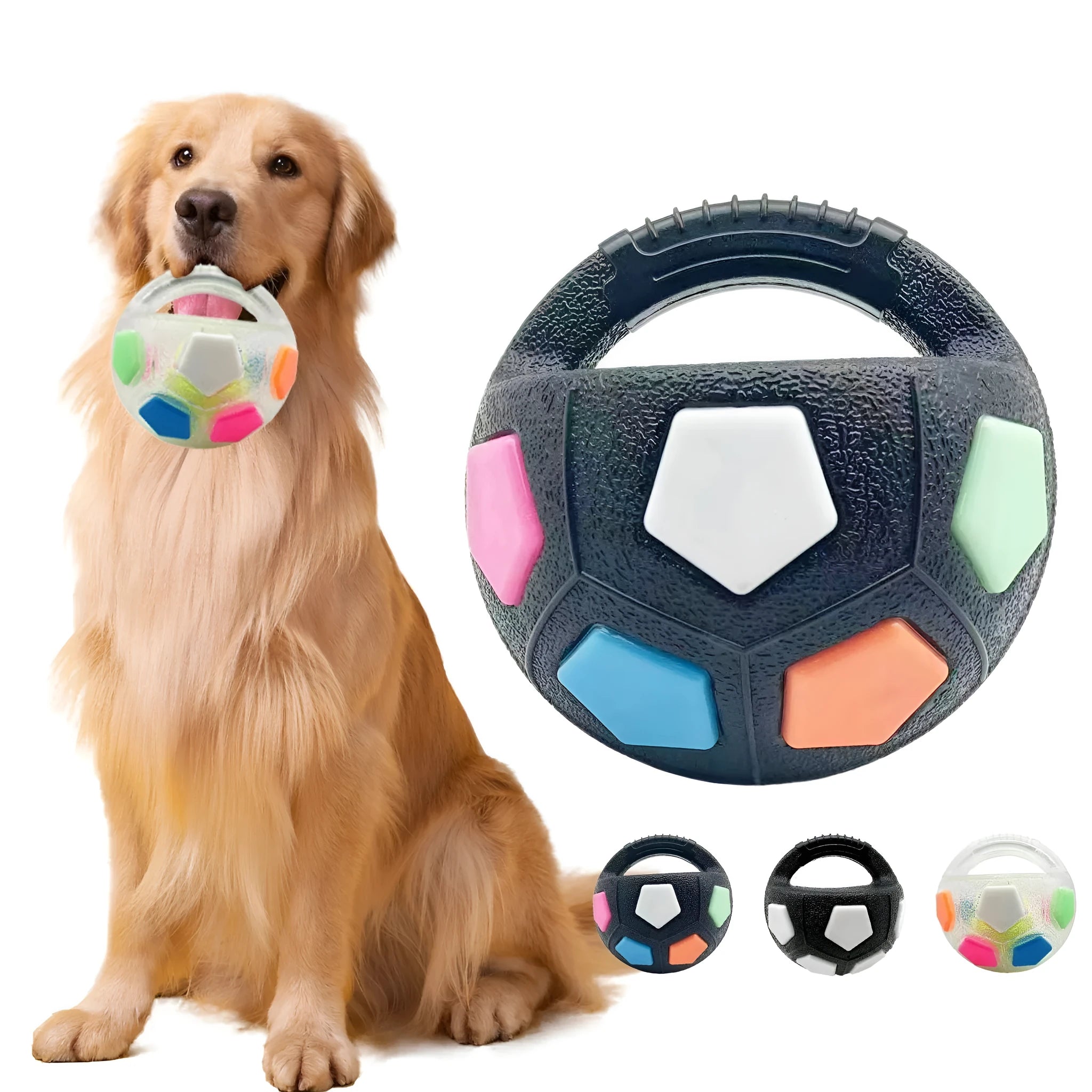 Black football-shaped tennis ball dog toy with squeaker for outdoor fetch