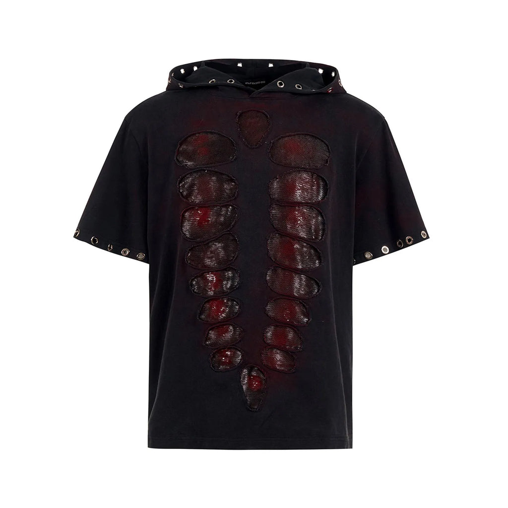 Black hooded men's T-shirt with sequenced detailing and loose fit