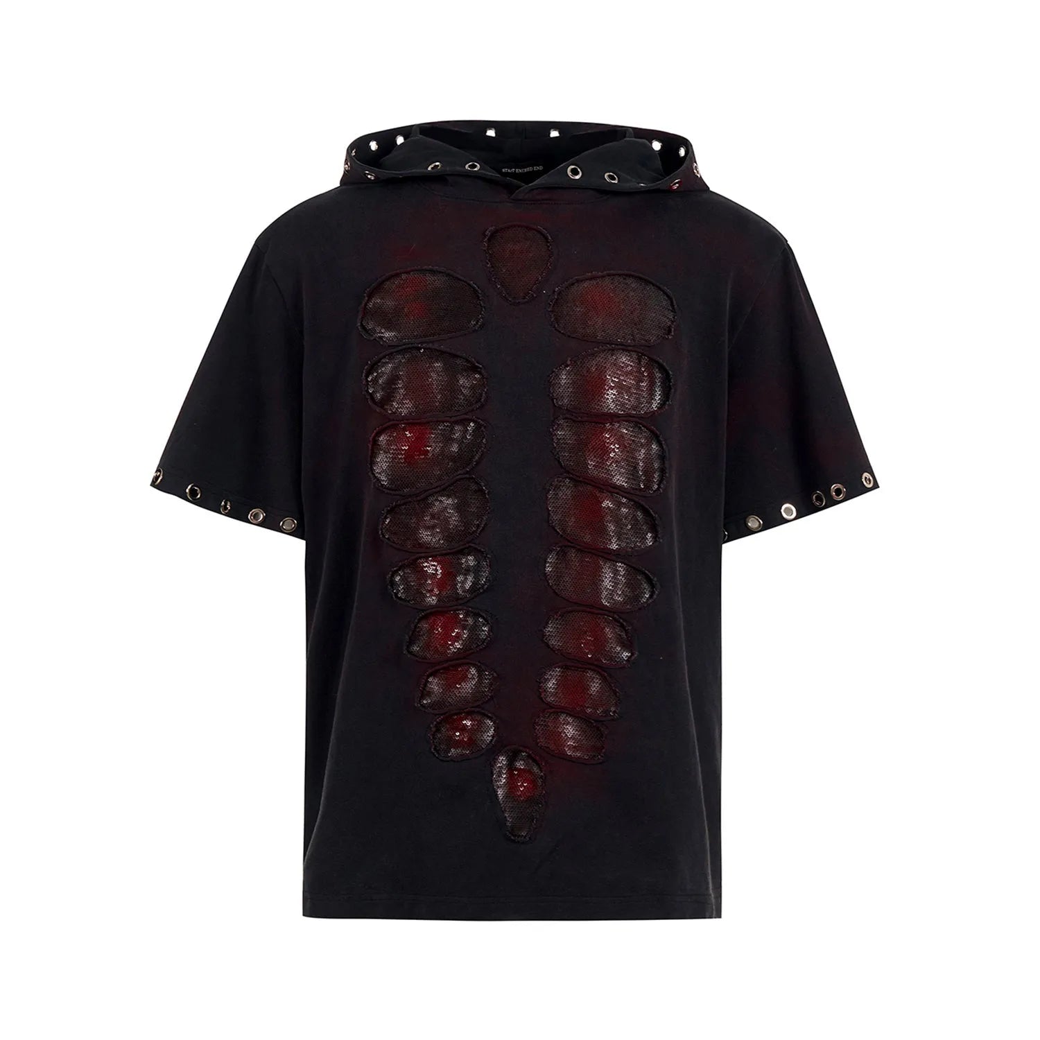 Black hooded men's T-shirt with sequenced detailing and loose fit