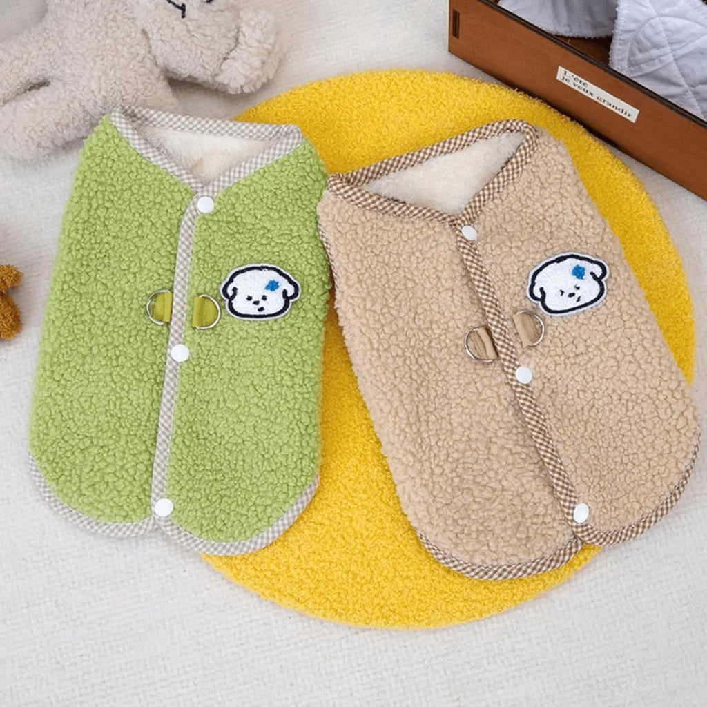 Green coral fleece dog vest with a metal leash ring on the back for a small dog