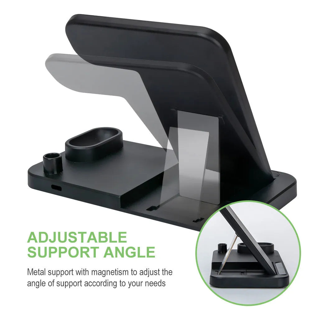 Folding 4-in-1 wireless charger showing iPhone, Apple Watch, and AirPods charging simultaneously in vertical stand orientation