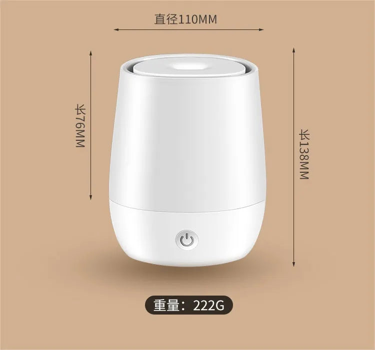 White USB aroma diffuser with simulated flame effect showing dimensions and Type-C connection