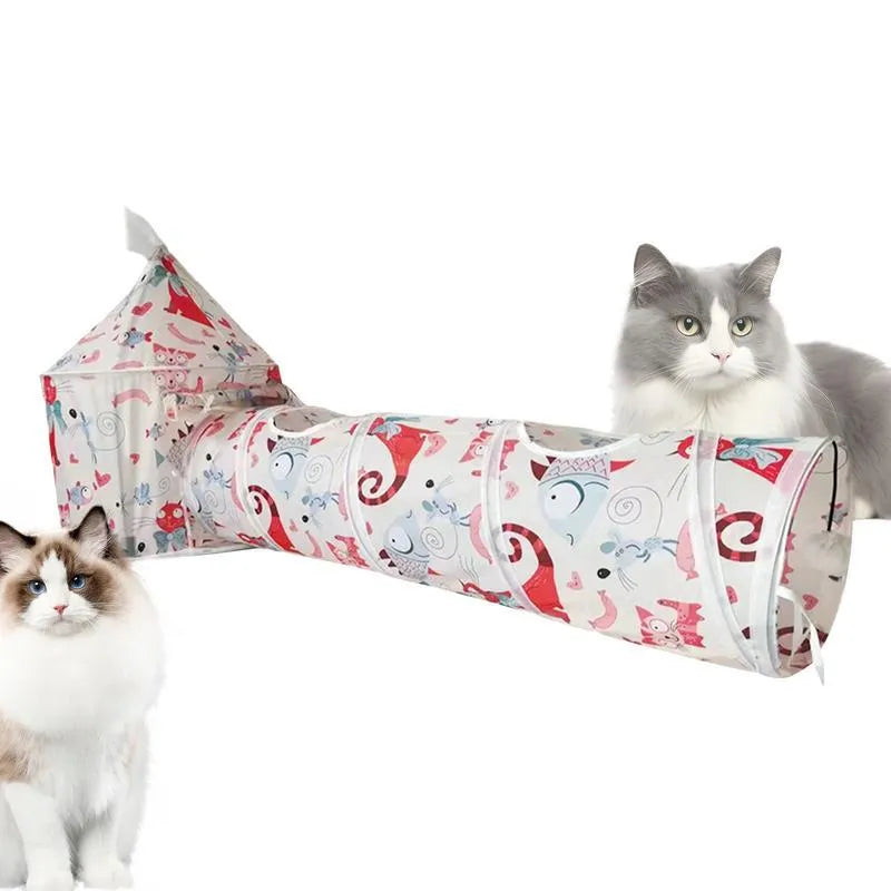 Cat play tunnel folding interactive bunny tent with black and white kitten pattern, made of polyester and canvas, with tunnel attached