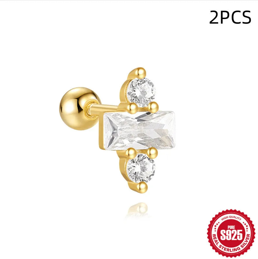 S925 sterling silver stud earrings with square red gravel flower design in electroplated gold colour