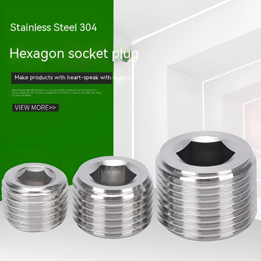 A single stainless steel pipe plug with a hexagonal head, shown against a white background.