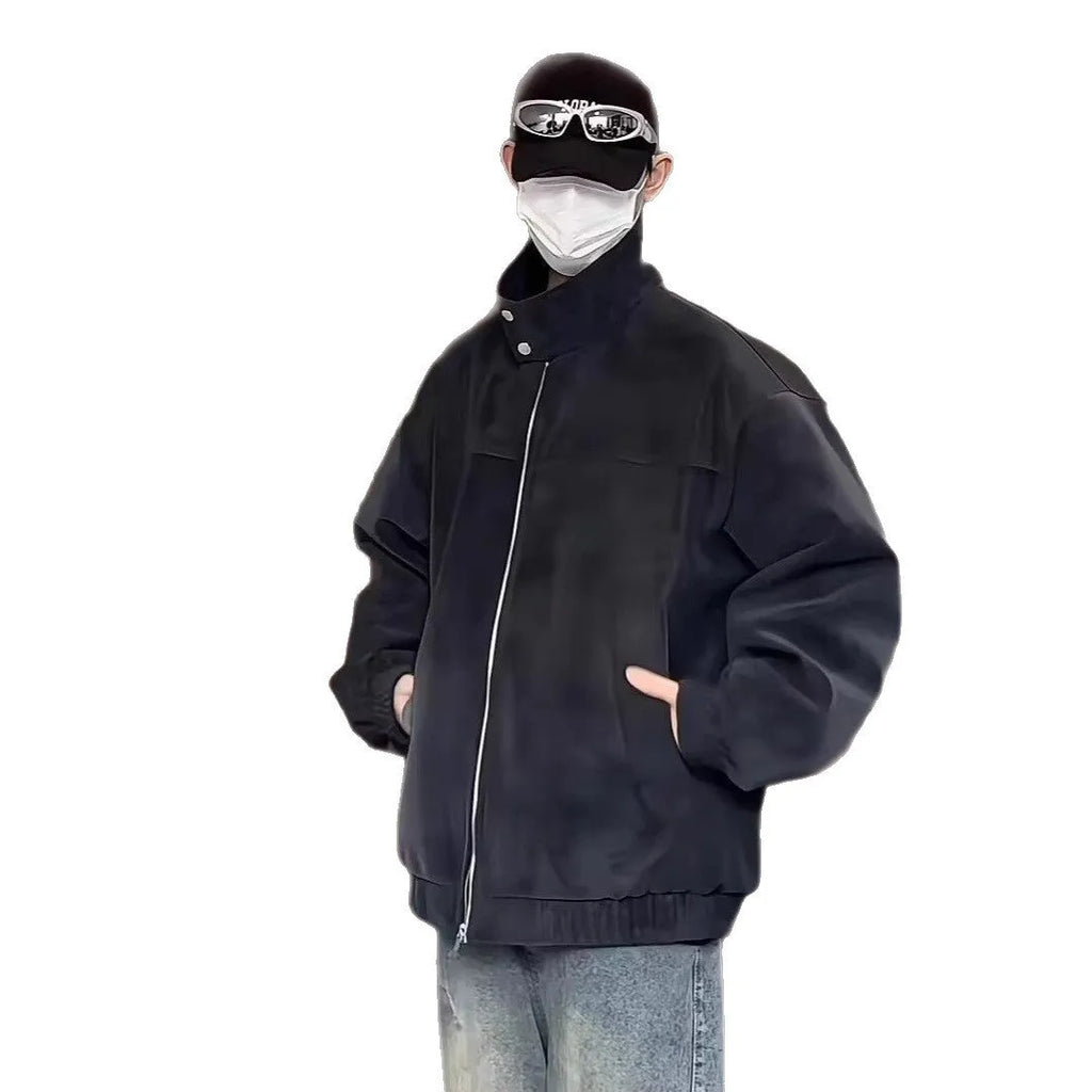 Men's grey tie-dye PU leather jacket with stand collar and side pockets.