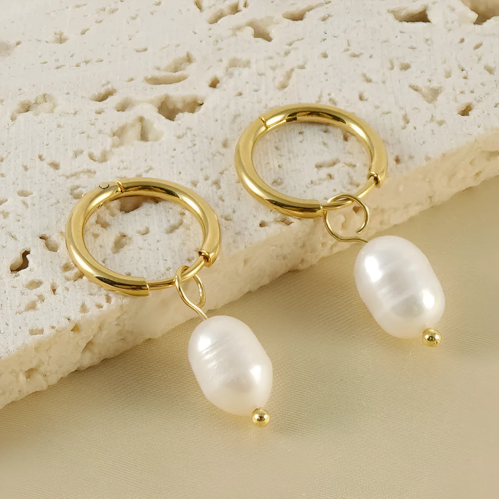 Gold geometric stainless steel earrings with pearl decorative element for women