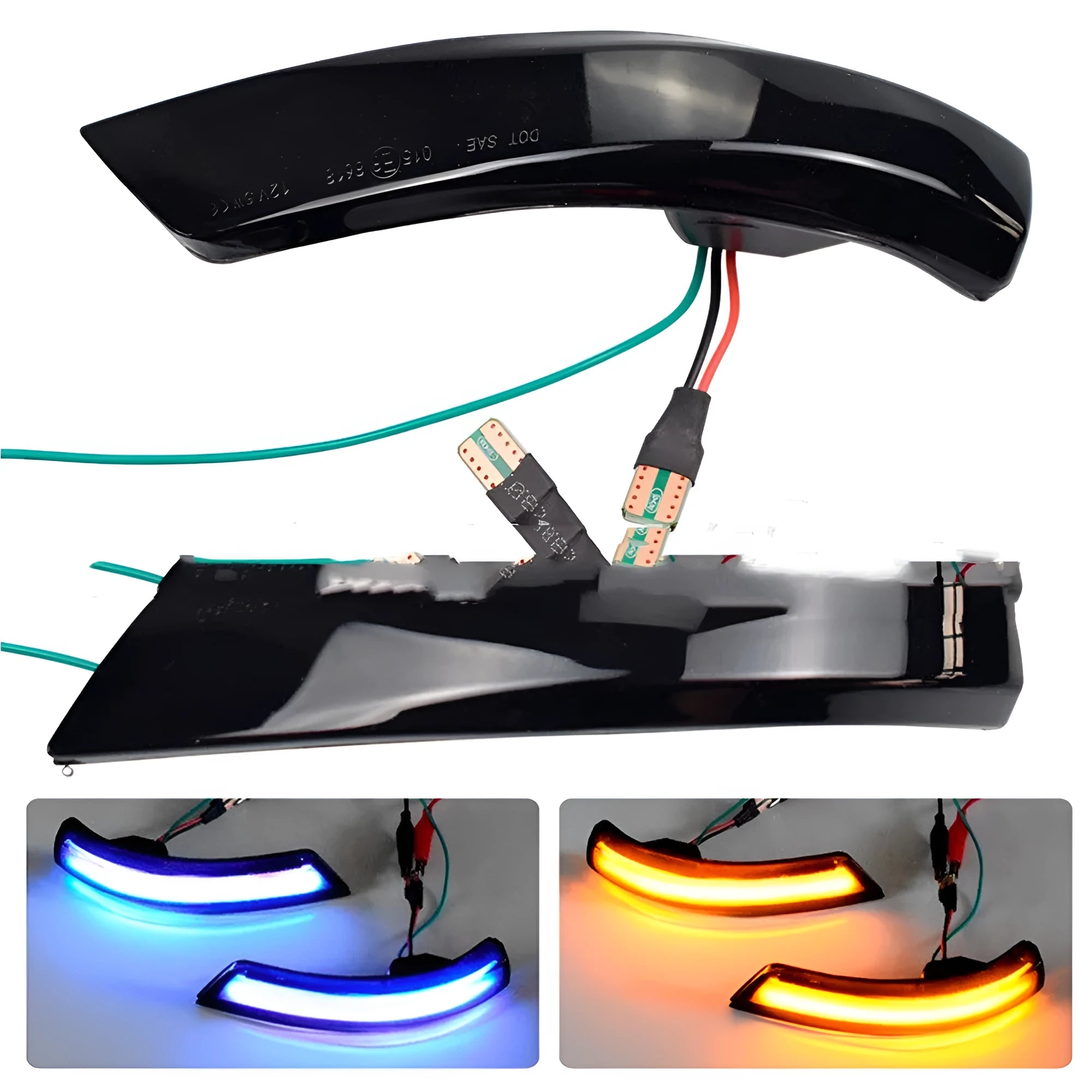 Ford Focus and Mondeo rearview mirror LED waterfall light accessory in yellow and blue two-tone.