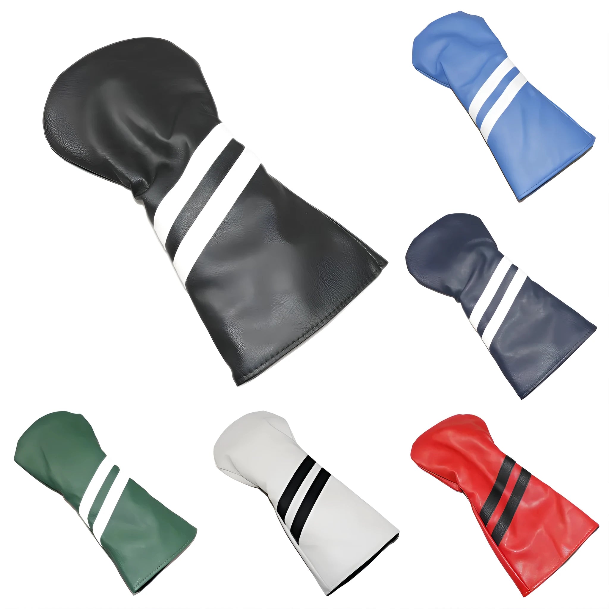 Golf club head cover with diagonal stripes in blue, showing stretchable pu construction