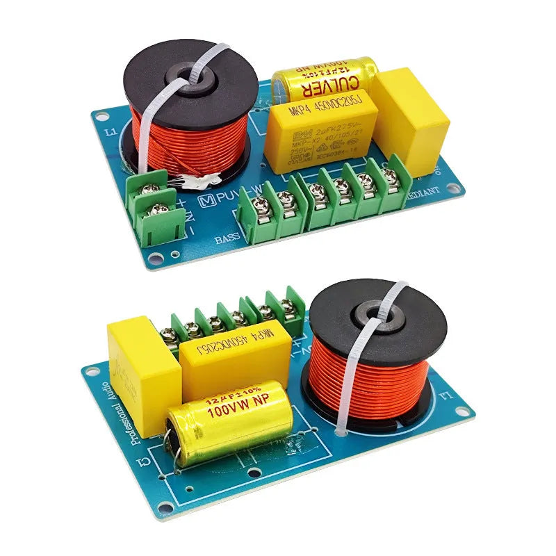 PUV-W3 three-way bookshelf speaker crossover circuit board measuring 100mm by 65mm