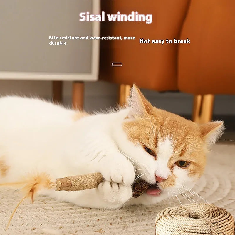 Handmade wooden cat dental chew toy with natural raffia decoration and catnip infusion