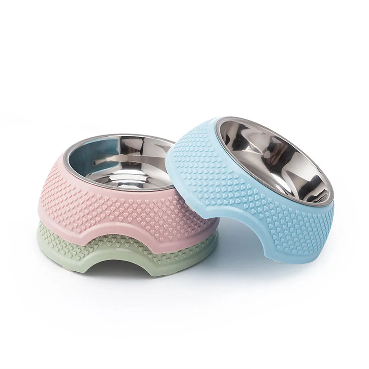 Blue stainless steel pet bowl with non-slip base for cats and dogs on a floor
