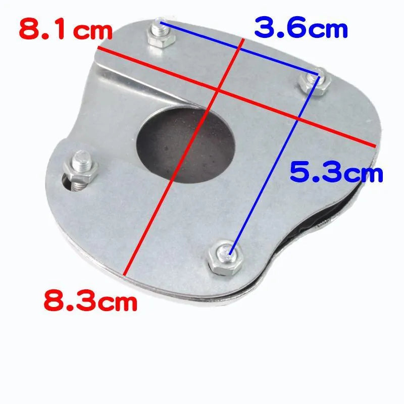 Metal motorcycle brake pedal skid plate showing three design options for universal fit