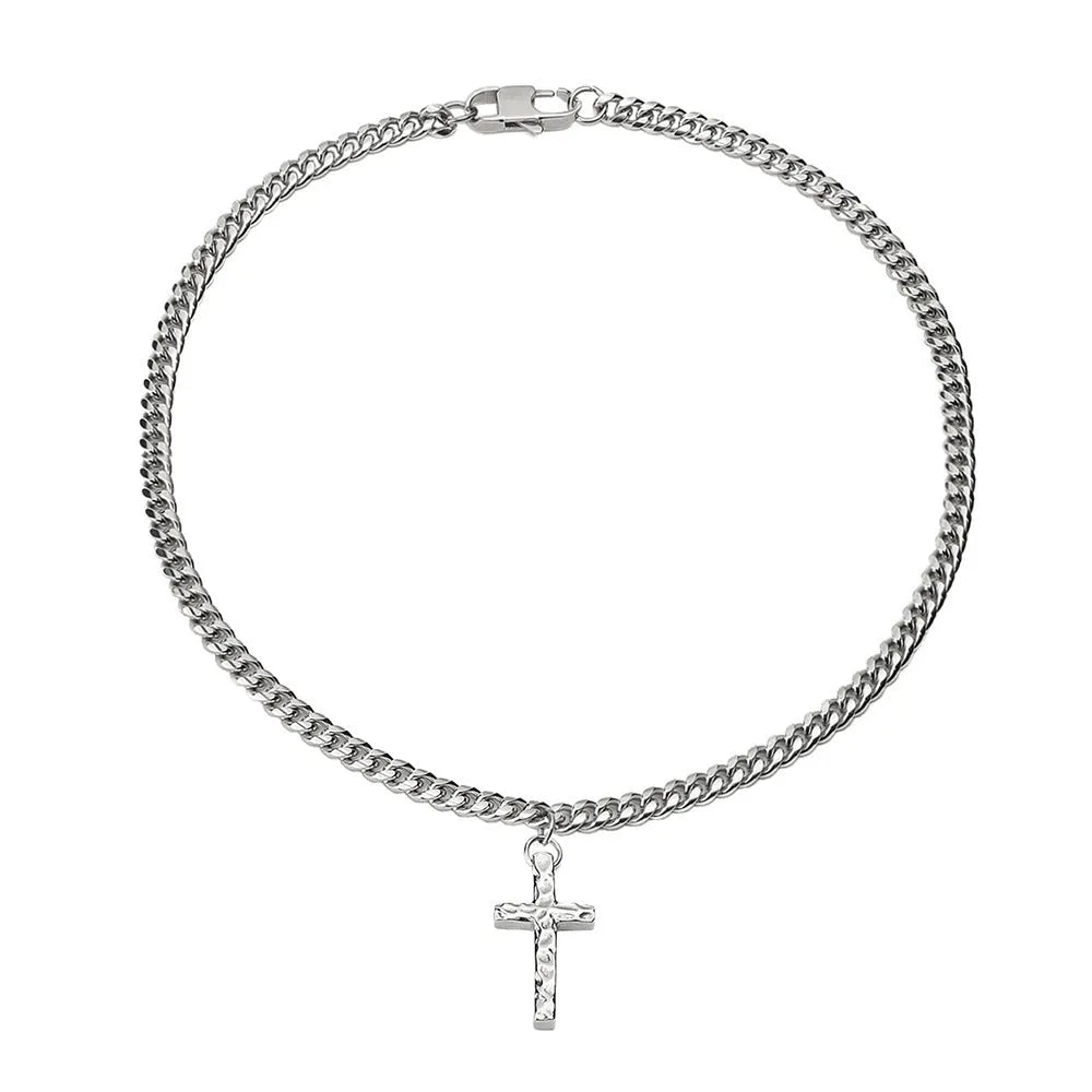 Titanium steel Cuban chain necklace in steel colour with geometric links on neutral background