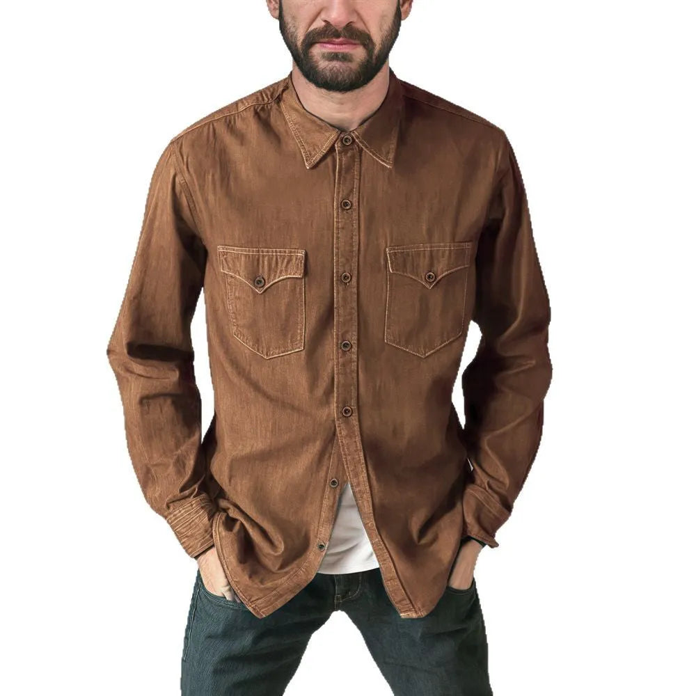 Cotton denim cardigan coat on a hanger, shown in khaki, black, blue, and grey colour options.