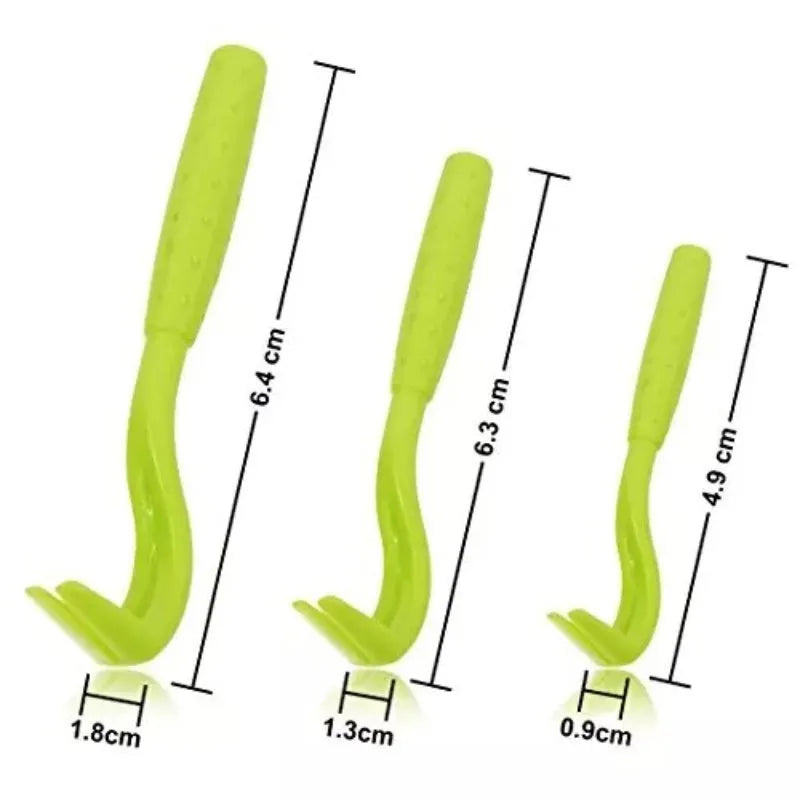Three plastic tick removal tools with hook design for pets, shown in blue and green colours