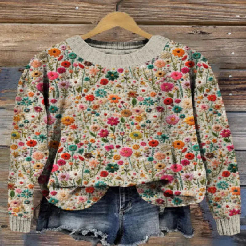 Little Flower digital printed round neck long sleeve sweater on a hanger