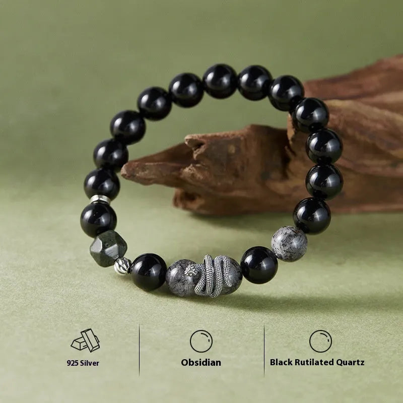 Men's S925 sterling silver bracelet with obsidian black hair crystal snake year design measuring 10mm width