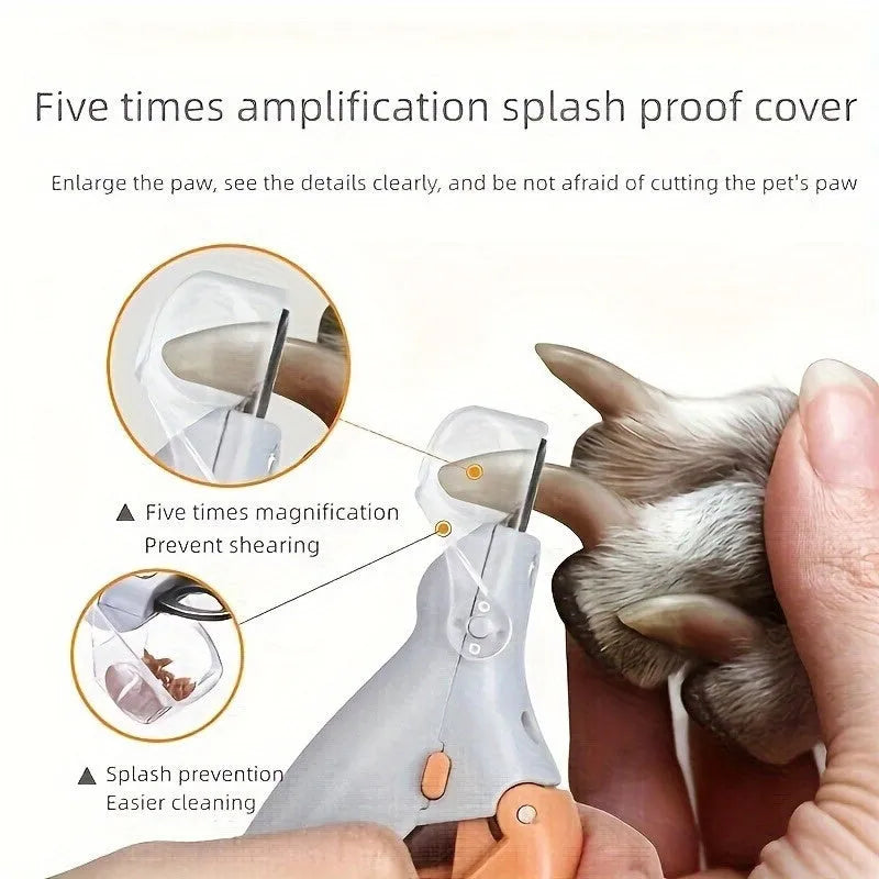 Yellow pet nail trimmer with LED lights, magnifying glass, and comfortable grip for cutting cat and dog claws.
