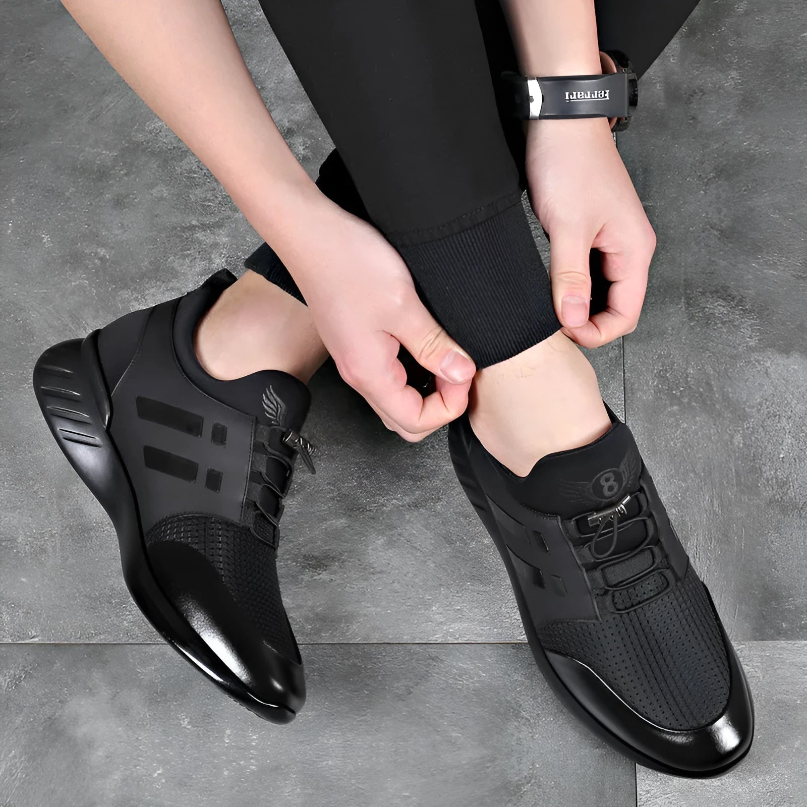 Men's black casual shoes with chunky heel for invisible height increase, shown in leather, Lycra and mesh options.