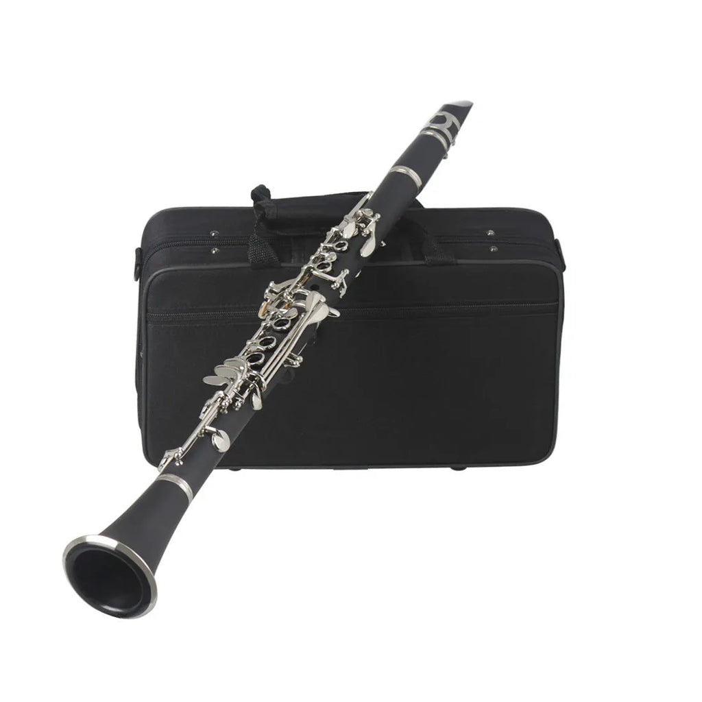 Black bakelite beginner clarinet with 17 nickel-plated keys and protective storage bag