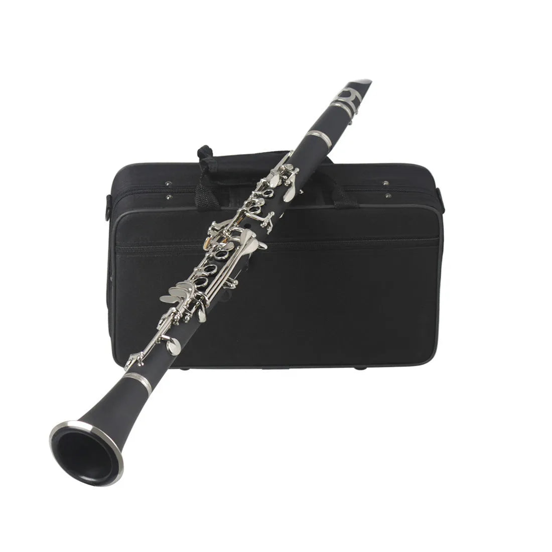 Black bakelite beginner clarinet with 17 nickel-plated keys and protective storage bag