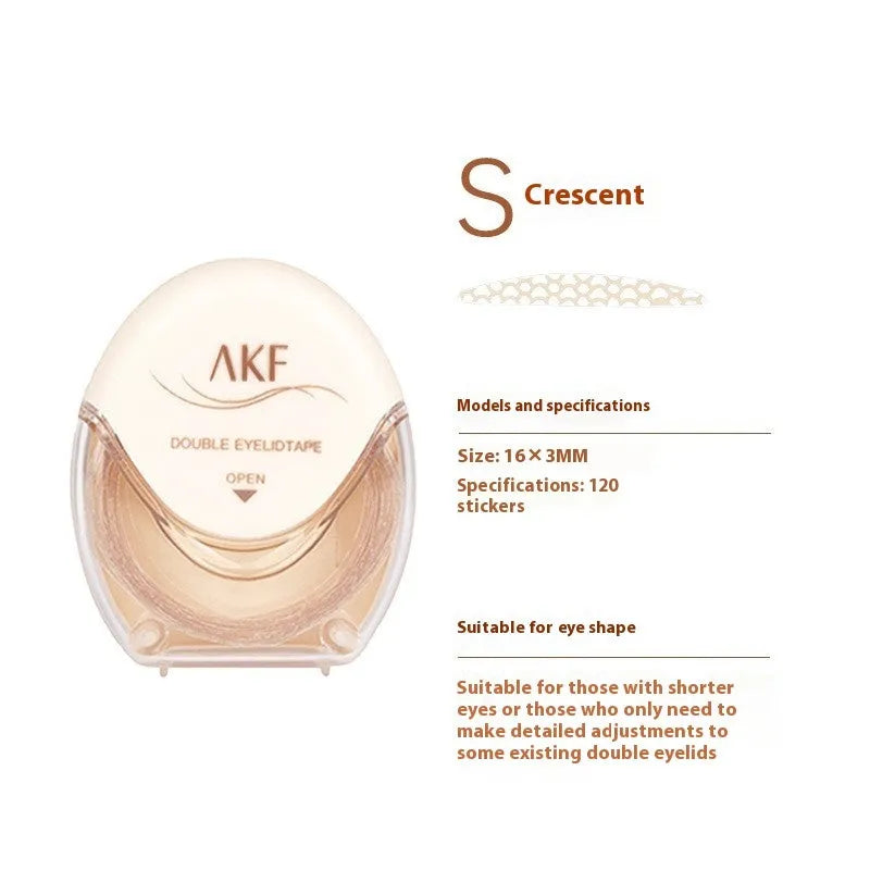 Clear double eyelid stickers on a roll, showing the invisible lace material in Crescent and Olive shapes.