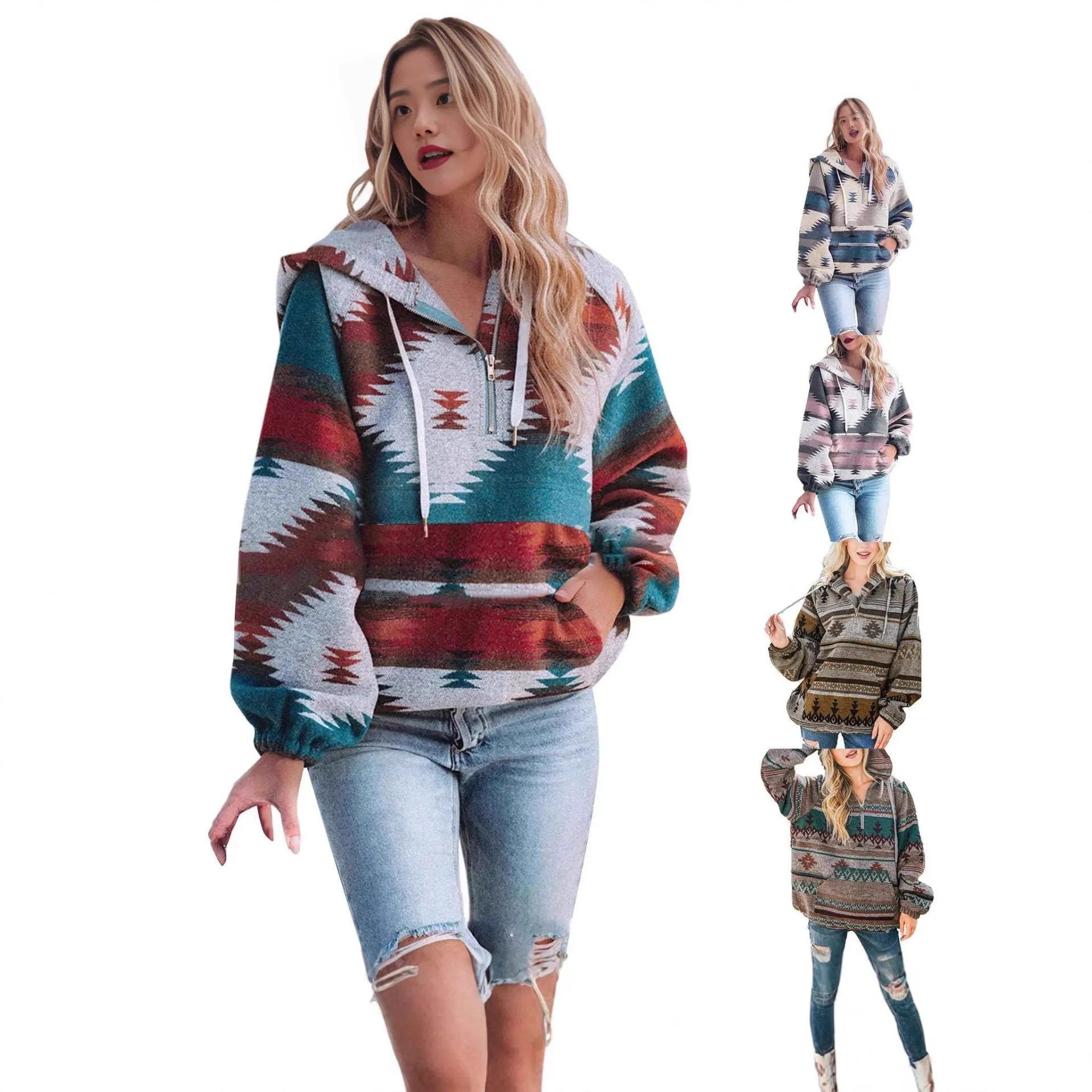 Women's retro fashion half-zip long sleeve sweatshirt with digital print, loose fit pullover in polyester, colour M2590801