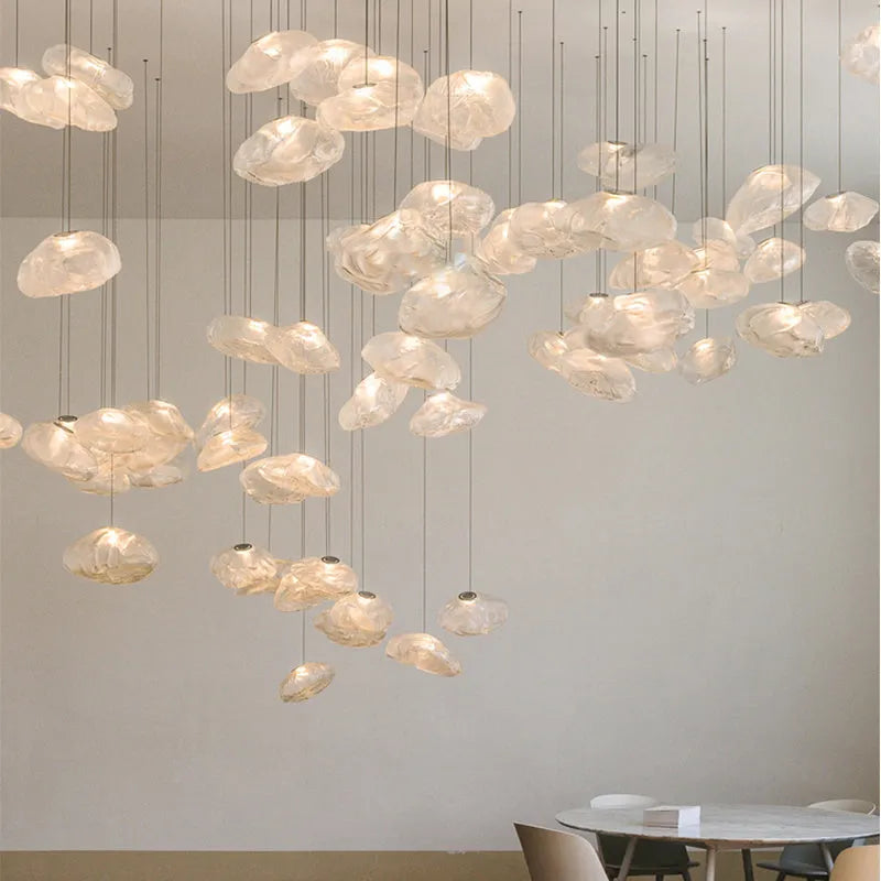 Modern decorative chandelier with glass shade in amber, clear or smoke grey colour options