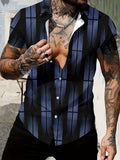Men's geometric line print lapel collar short sleeve shirt in slim fit for summer casual wear